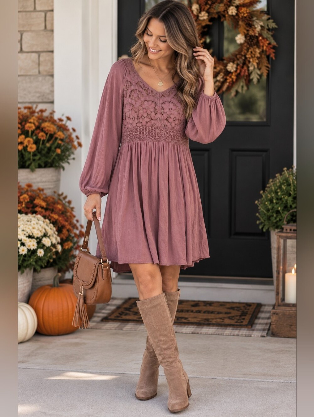 NWT Maurices Small Dusty Rose Crochet Lace Boho Long Sleeve Dress
